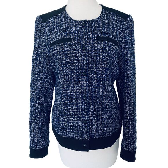 Tommy Hilfiger Blue Black Clueless Button Snap Front Tweed Suit Jacket Blazer 10 - Picture 2 of 11